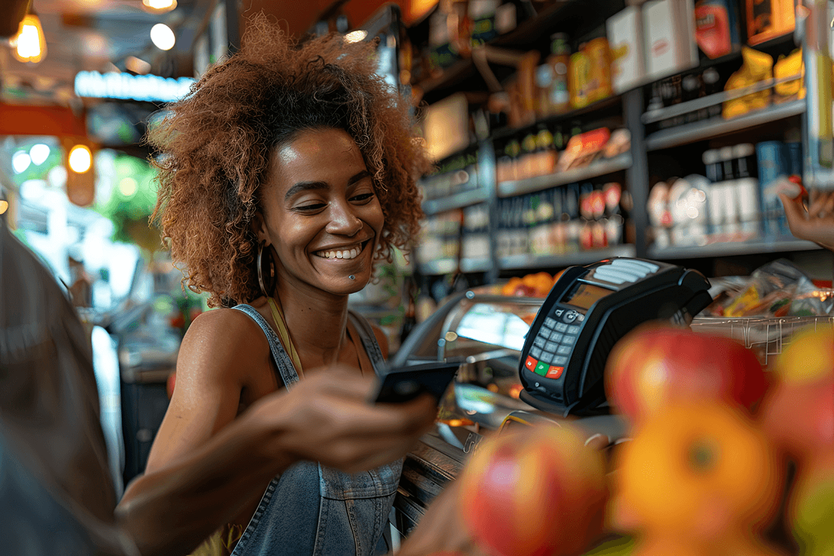 A cheerful retail proprietor processing a payment through a contactless credit card transaction with a patron